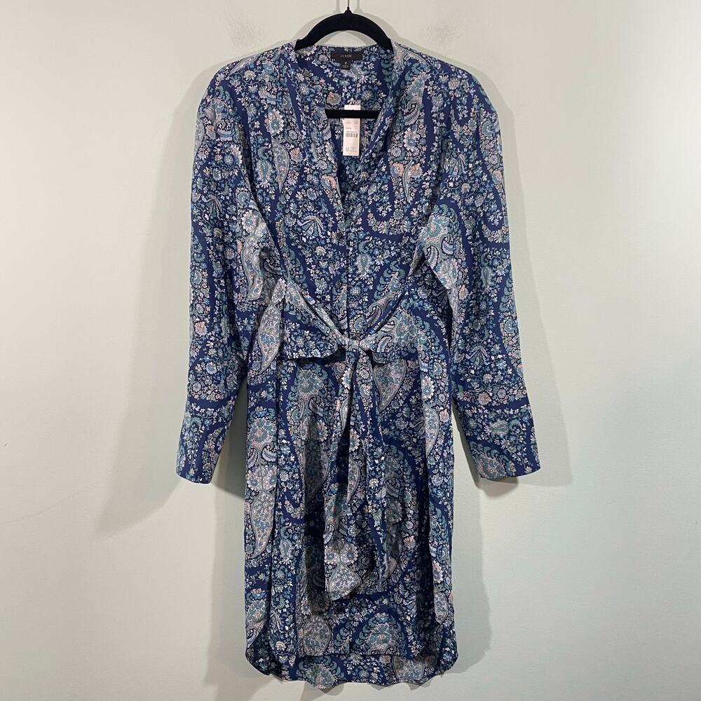 J.Crew Women Blue Paisley Tie-Front 100% Silk Shirt Dress Size 8 NWT #BB642
